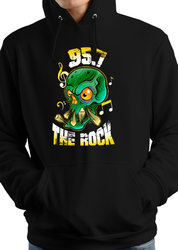 95.7 The Rock Music Skull logo on a black hoodie