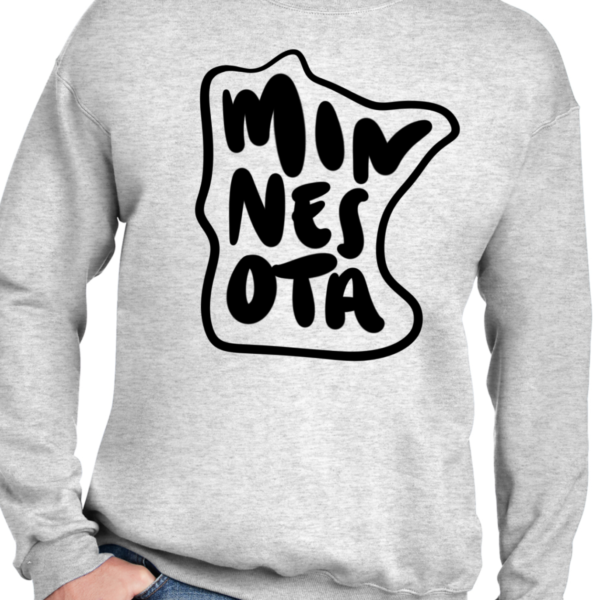 Minnesota text in the shape of Minnesota in black ink on a gray crewneck