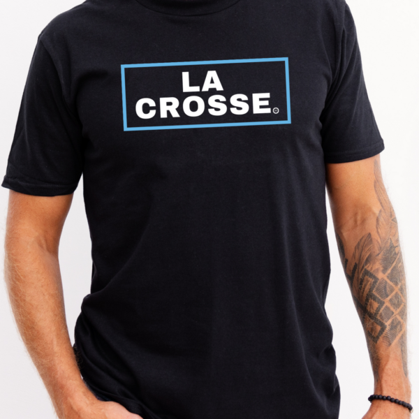 La Crosse in a blue box on a black shirt