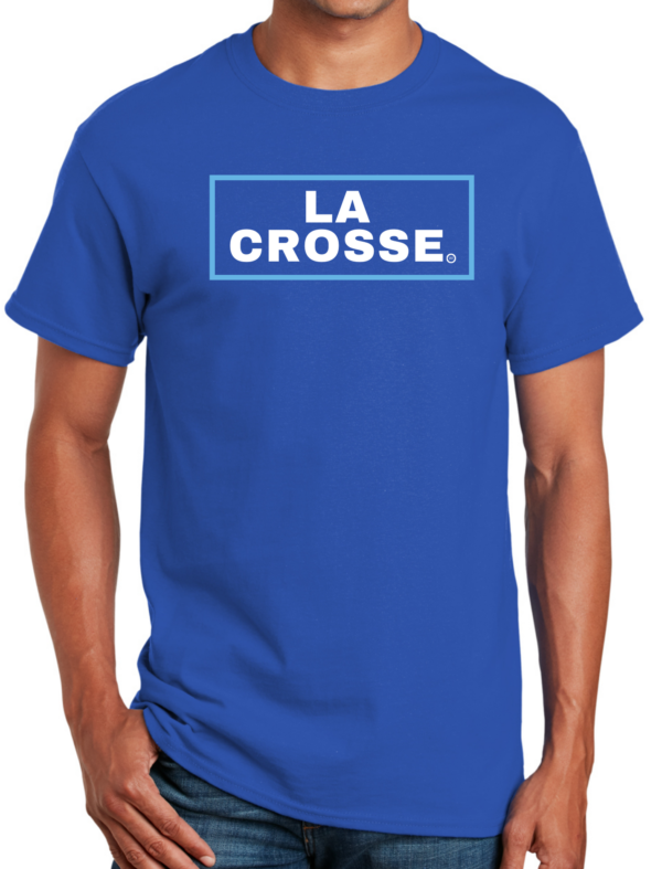 La Crosse in a blue box on a blue shirt