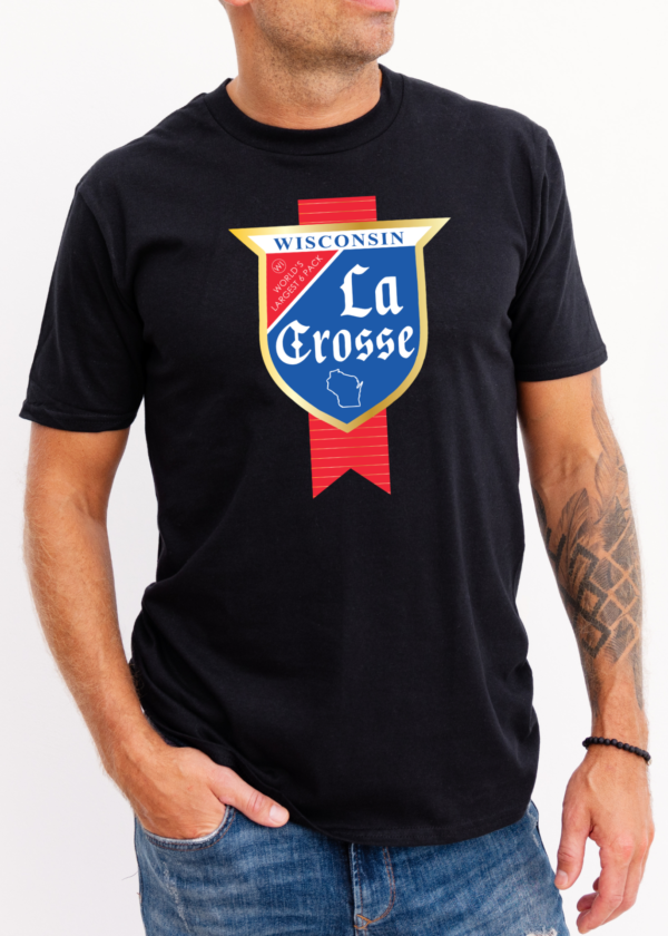 La Crosse text in a blue and red badge on a black t-shirt