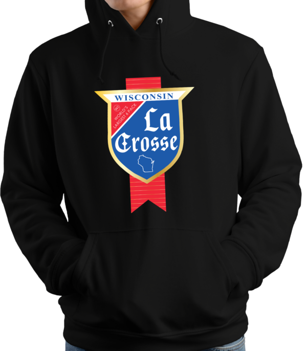 La Crosse text in a blue and red badge on a black hooded sweatshirt