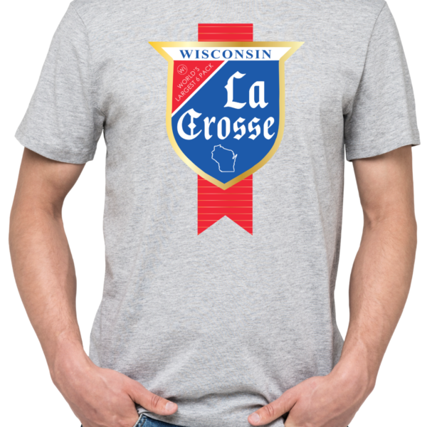 La Crosse text in a blue and red badge on a grey t-shirt