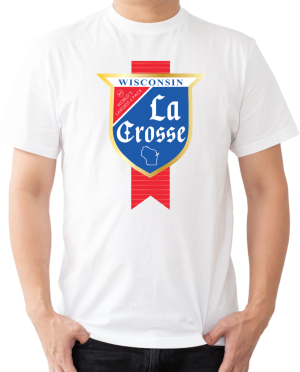 La Crosse text in a blue and red badge on a white t-shirt