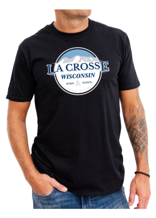 La Crosse text in a blue and white circle with bluffs