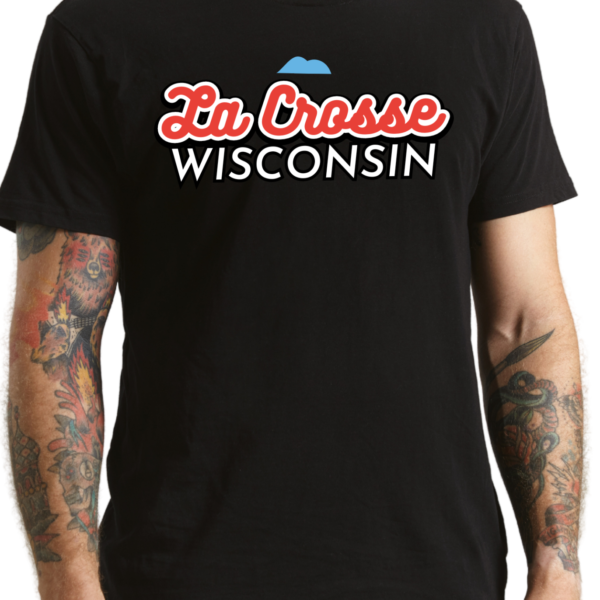 La Crosse Wisconsin text on a black shirt with blue mountains