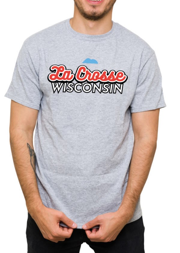 La Crosse Wisconsin text on a grey shirt with blue mountains