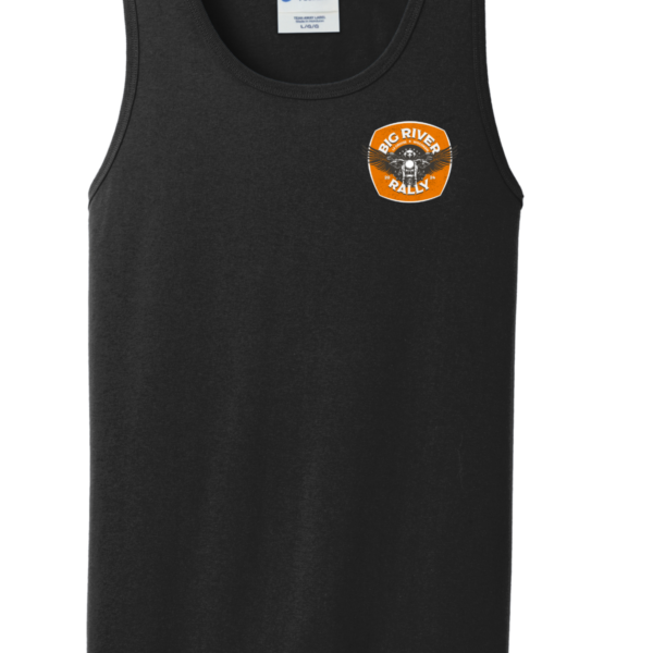 black tank with small Big River Rally logo on left chest