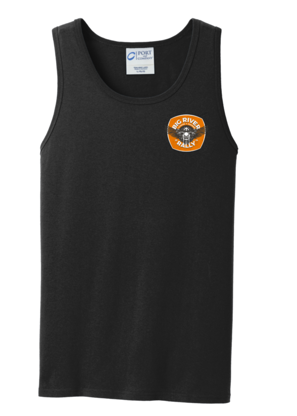 black tank with small Big River Rally logo on left chest