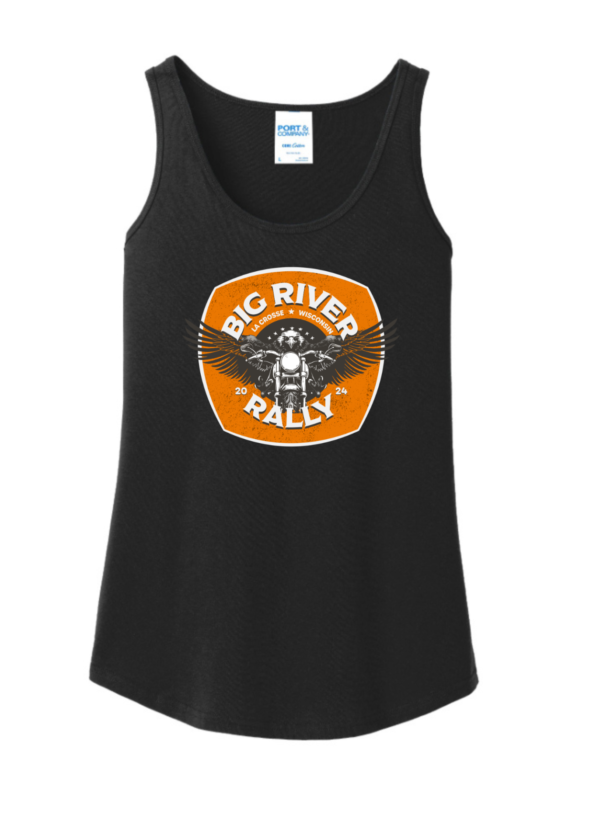 black womens tank with small Big River Rally logo on full front