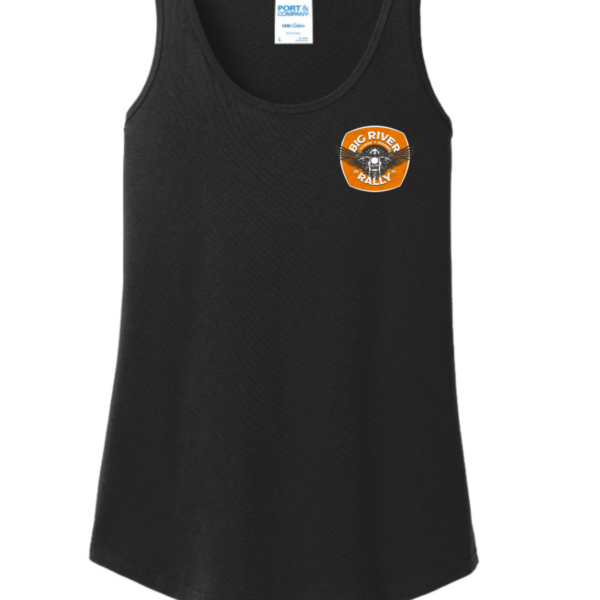 black womens tank with small Big River Rally logo on left chest