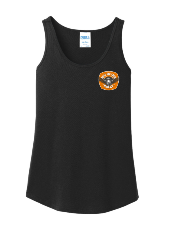 black womens tank with small Big River Rally logo on left chest