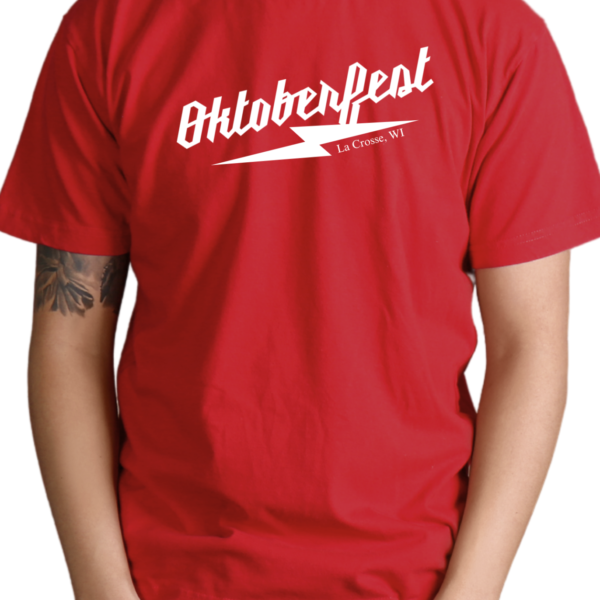 White Oktoberfest text on a red shirt