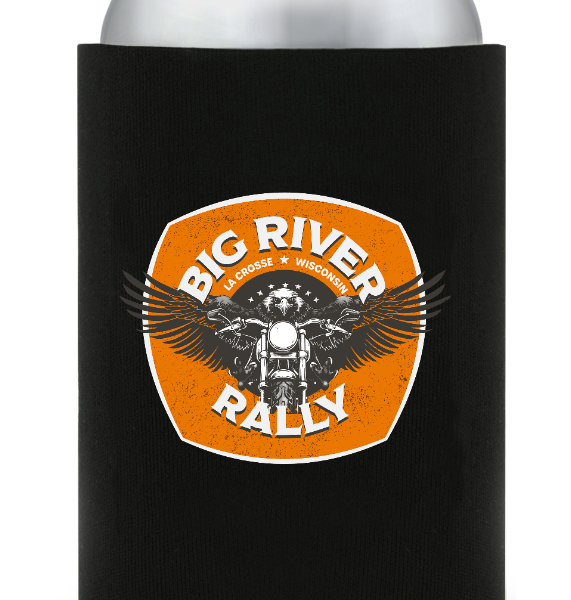 big river rally logo on a black can coozie